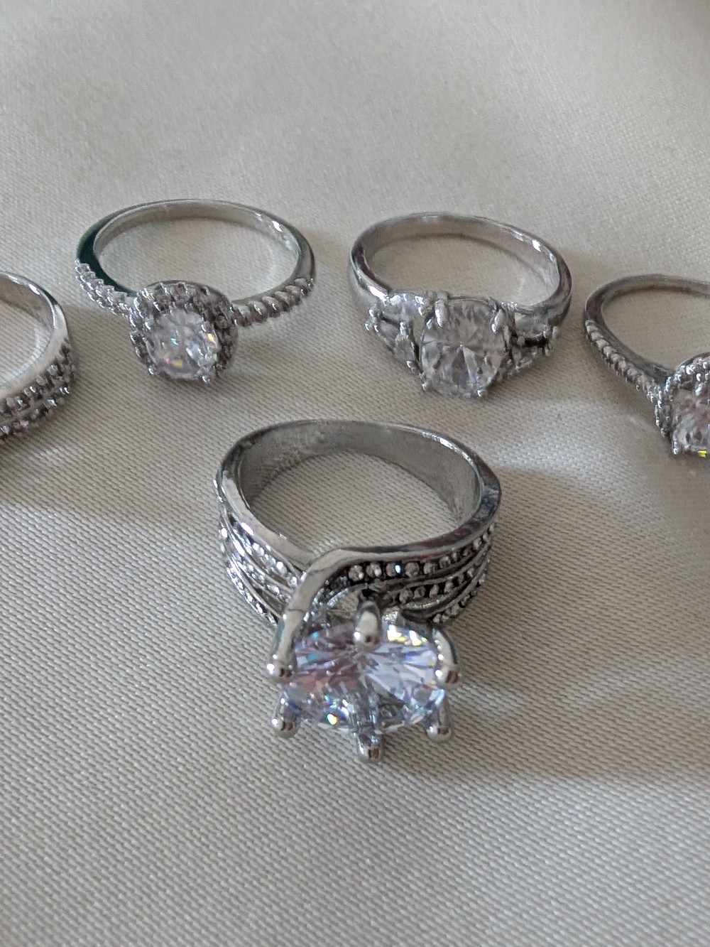 5 Silver-Tone Statement Rings with Clear Crystal Center